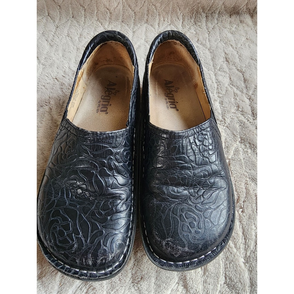 Alegria Debra Black Embossed Floral Leather Clogs Shoes Womens 36